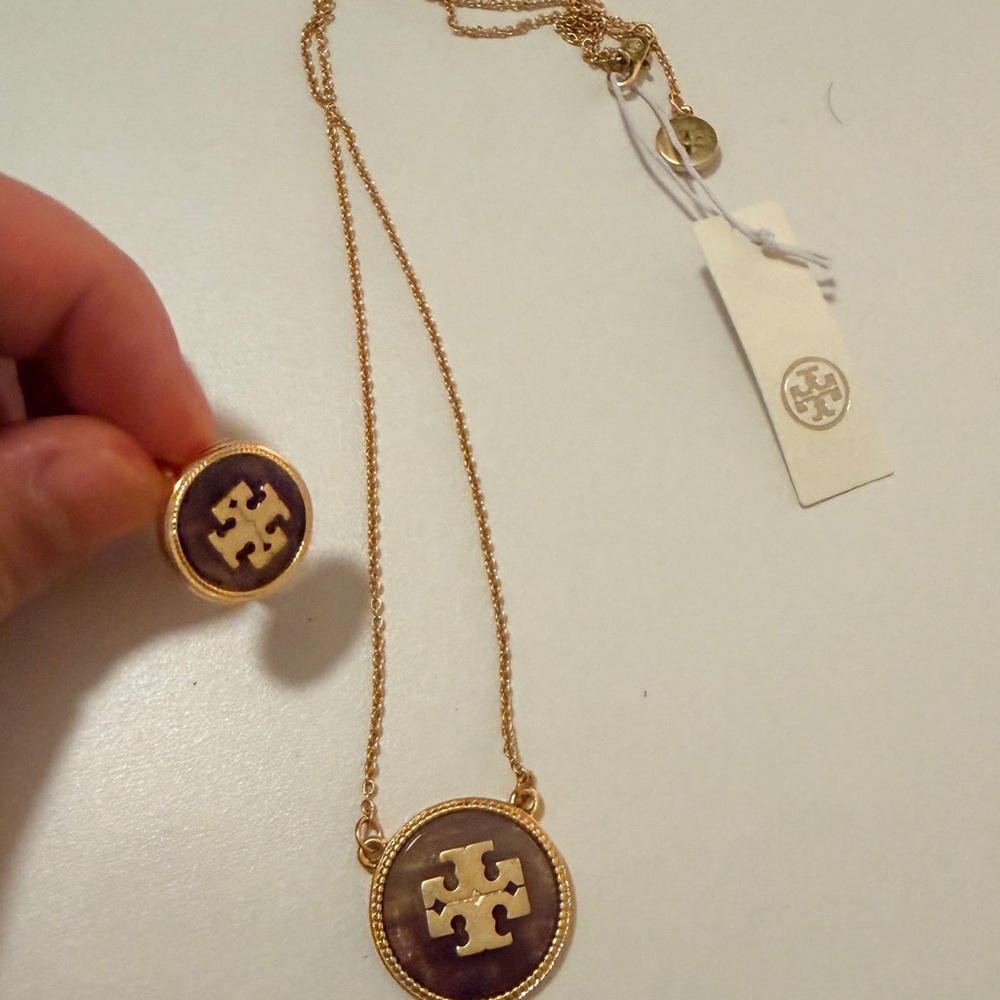 Tory Burch Gold and Purple Pendant Necklace and Ring